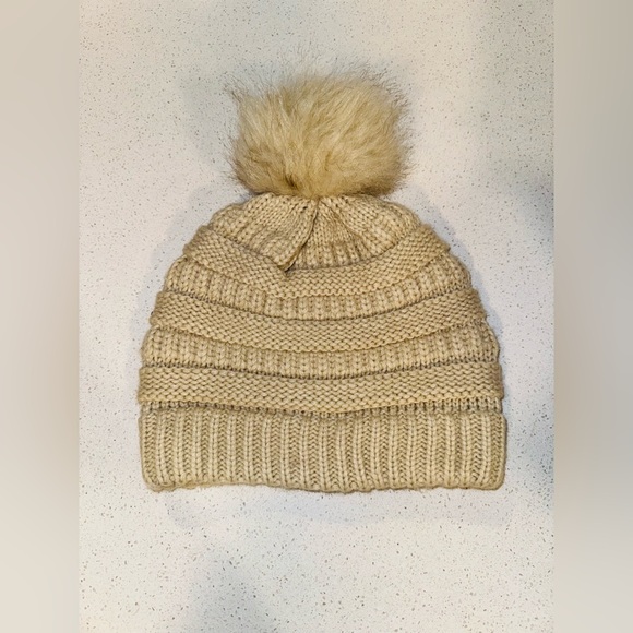 Tan Knit C.C. Hat Beanie with Faux Fur Pom - Picture 2 of 5